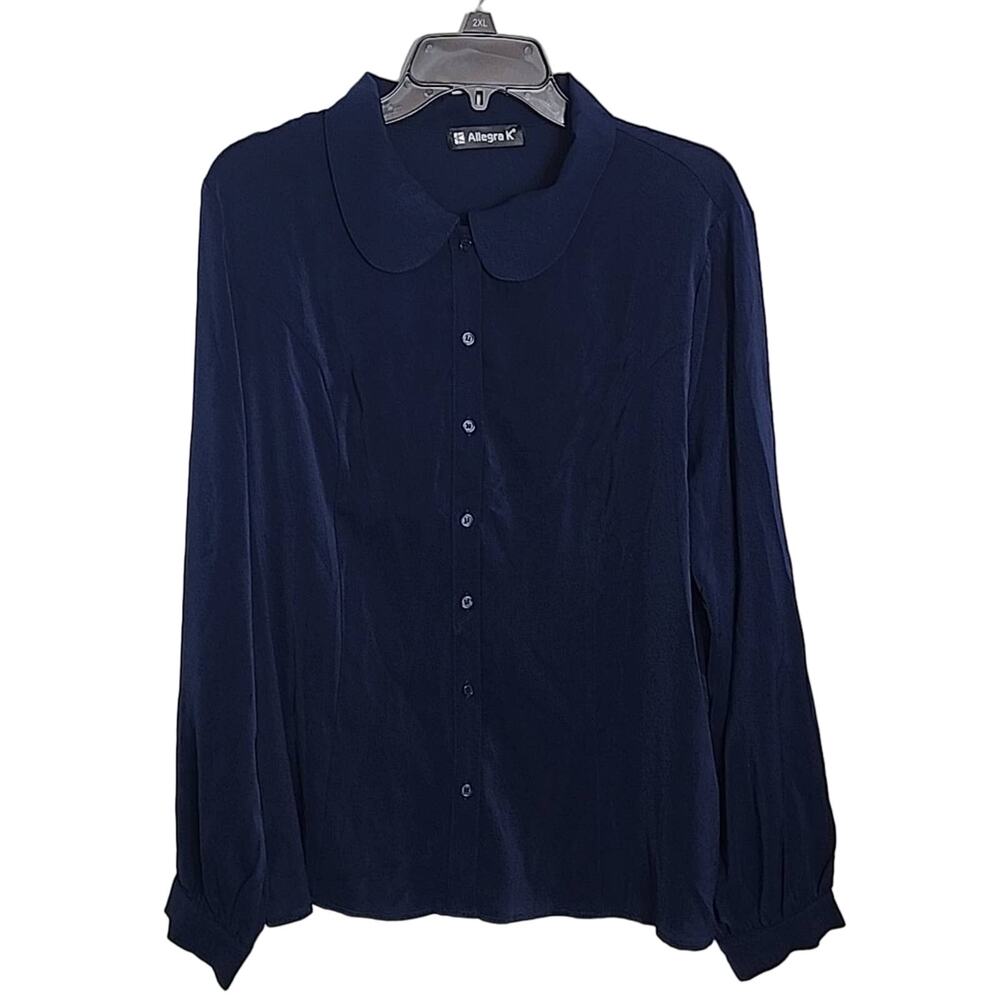 Allegra K Navy Blue Collared Button Down Top